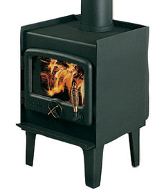 Nectre N15 wood fireplace with legs, showcasing its sturdy design and open front for burning wood and heating spaces.