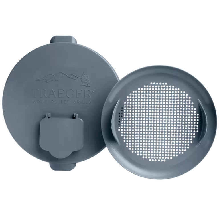 Pellet storage lid and filter kit for Traeger BBQ, featuring durable lid and filter components for optimal pellet storage.