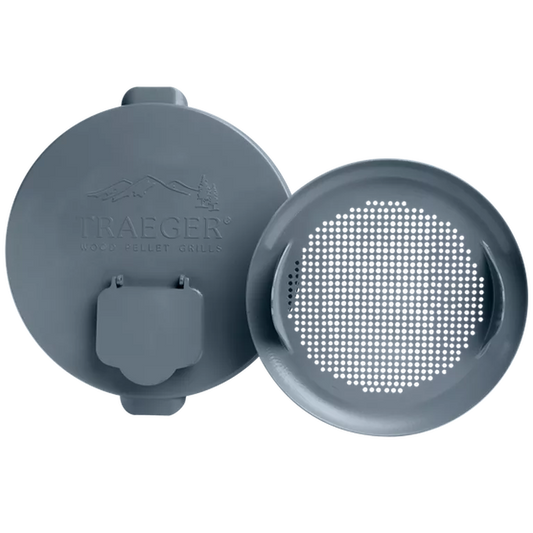 Pellet storage lid and filter kit for Traeger BBQ, featuring durable lid and filter components for optimal pellet storage.
