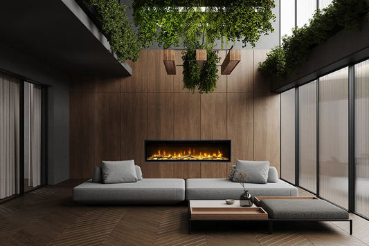 Real Flame Ignite Evolve 1200 electric fireplace with modern design and realistic flame display, black finish and digital controls.