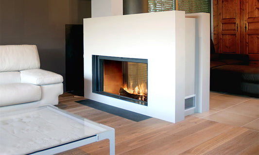 STUV 21-125 DF wood fireplace insert with double-sided glass and retractable door, modern design for heating and ambiance.