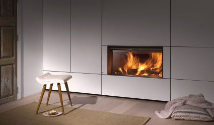 STUV 22-110SF wood fireplace insert with white finish, glass door, and sleek design for modern heating and ambiance.