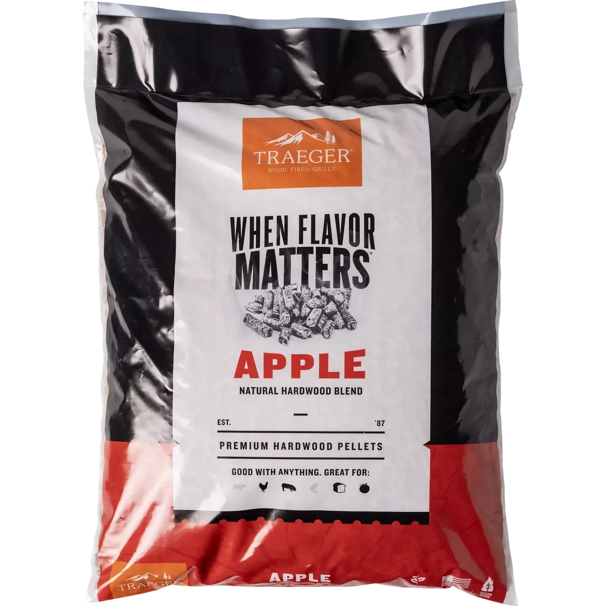 Traeger Apple Pellets 9kg/20lb bag for BBQ smoking, shown in front of the packaging, ideal for flavorful grilling and smoking.