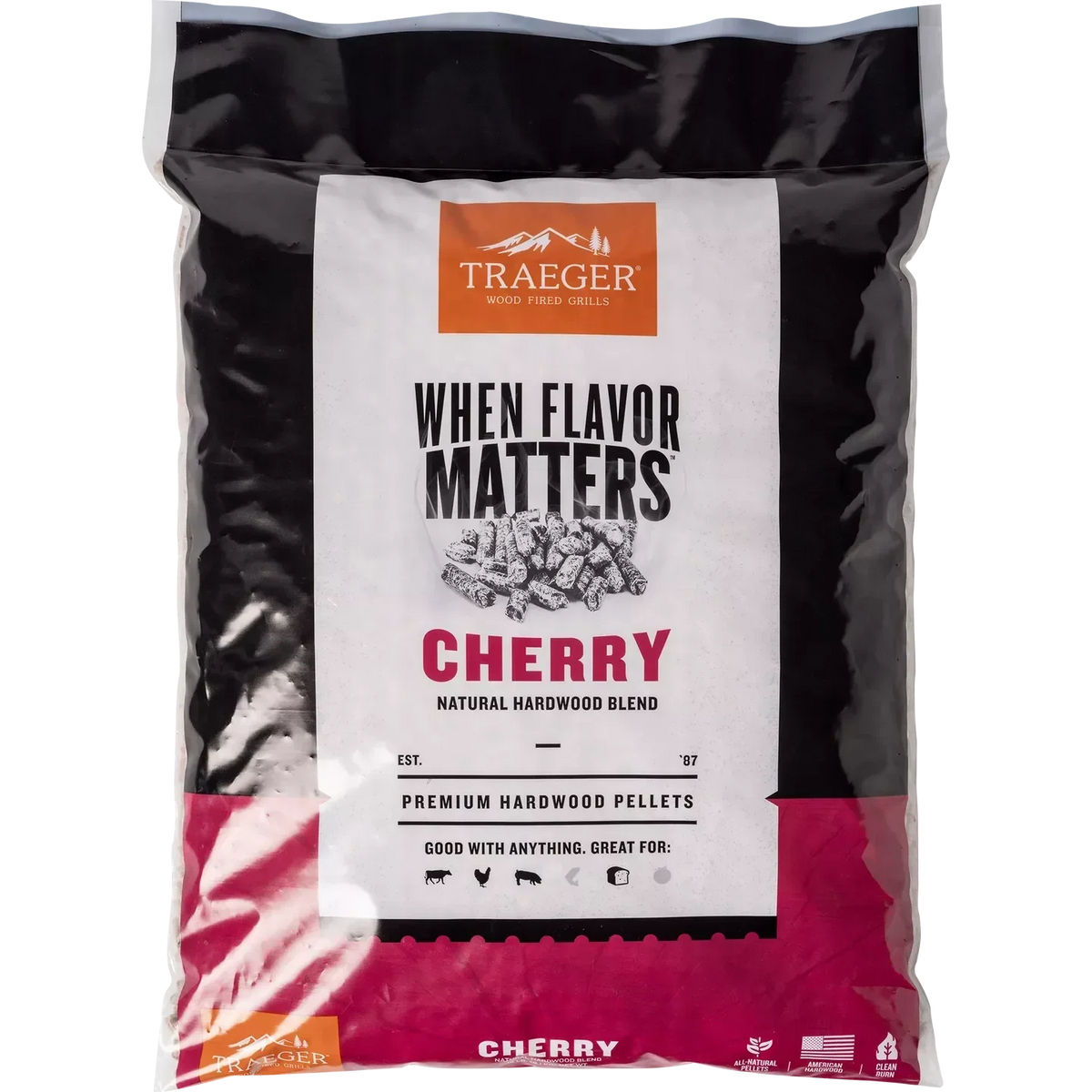 Traeger Cherry Pellets 9kg/20lb bag for BBQ, shown in front view, ideal for smoking and grilling flavor enhancement.