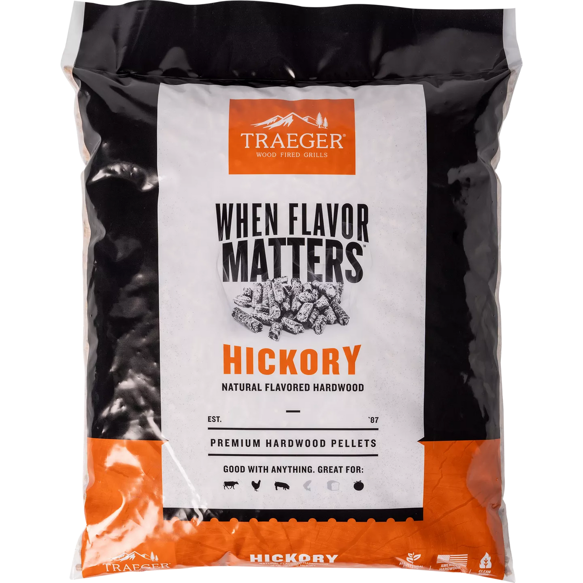 Traeger Hickory Pellets in a 9kg bag, ideal for BBQ smoking, featuring natural hickory wood pellets for flavorful grilling.