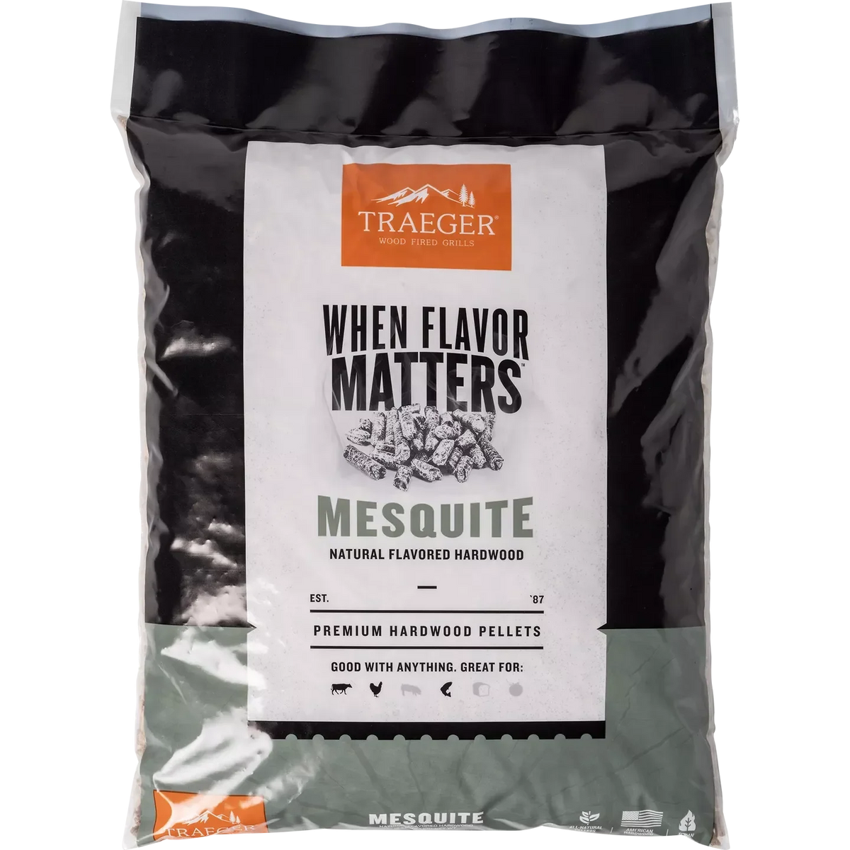 Traeger Mesquite Pellets 9kg bag, natural wood BBQ fuel for grilling and smoking, shown front view.