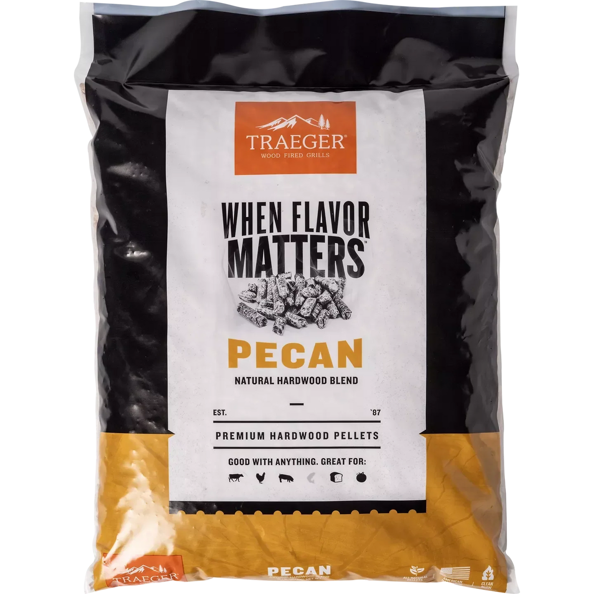 Traeger Pecan Pellets 9kg bag of BBQ wood pellets, ideal for smoking and grilling, shown in front of a dark background.