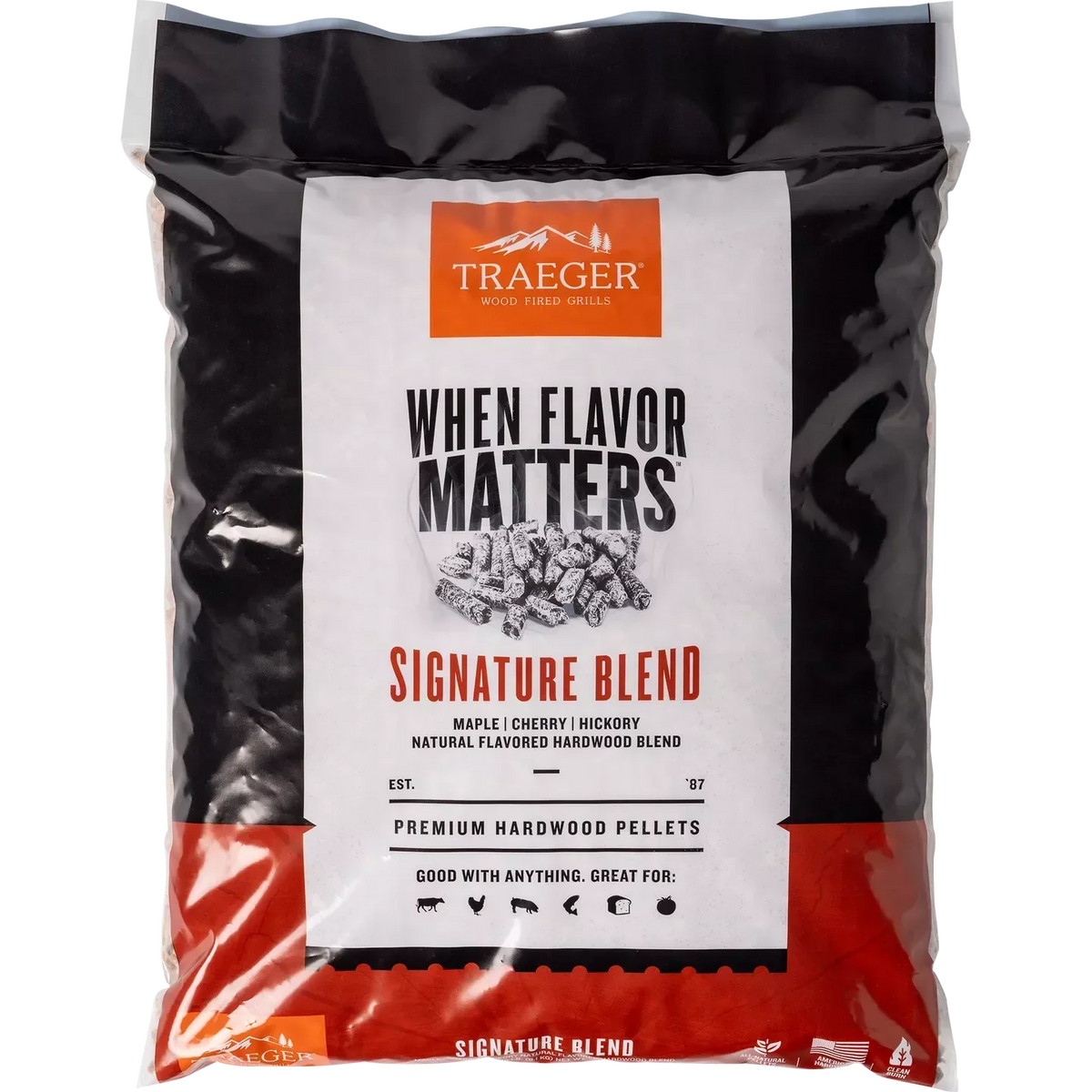 Traeger Signature Pellets 9 kg bag for BBQ grilling, featuring wood pellet packaging with branding and product details.