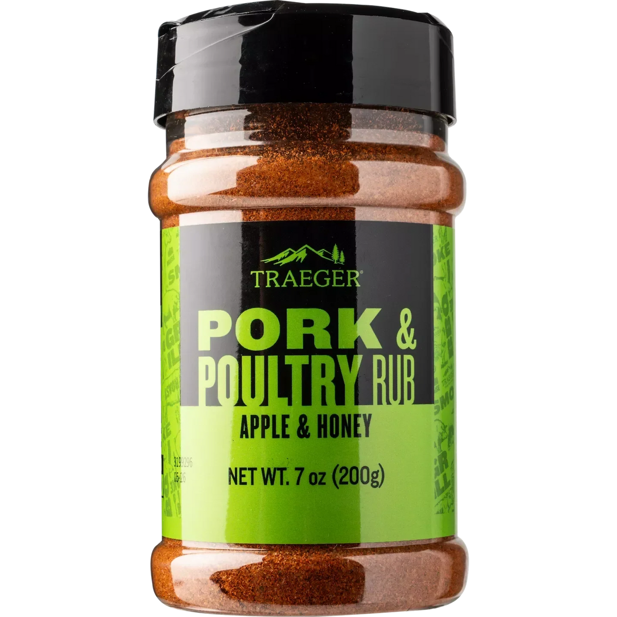 Traeger Pork & Poultry Rub in a jar, featuring a blend of spices for grilling and smoking meats, on a kitchen countertop.