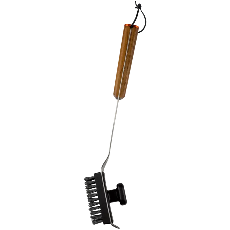 Traeger BBQ cleaning brush with sturdy bristles and wooden handle, ideal for grilling accessories and maintenance.