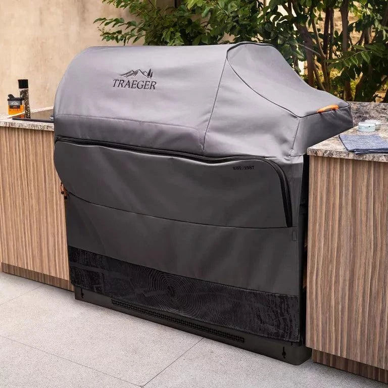 Traeger Timberline XL built-in outdoor kitchen grill cover, heavy-duty BBQ accessory protecting the grill from weather.