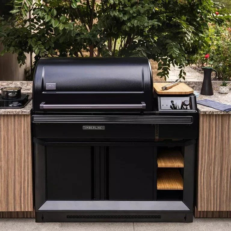 Traeger Timberline XL built-in trim kit for BBQ accessories, shown installed on a sleek outdoor built-in grill setup.
