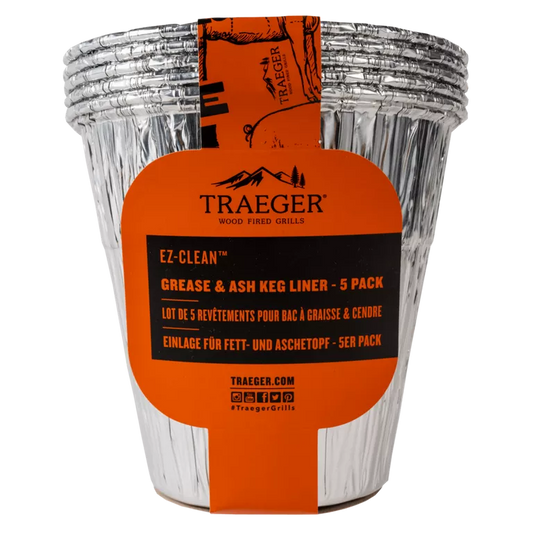 Traeger grease and ash keg liner 5-pack for BBQ accessories, shown in a studio setting with liners arranged neatly.