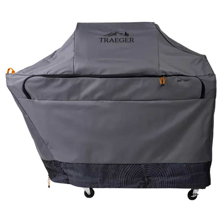 Traeger Timberline full-length grill cover, outdoor BBQ accessory designed for Timberline grills, protects from weather and debris.