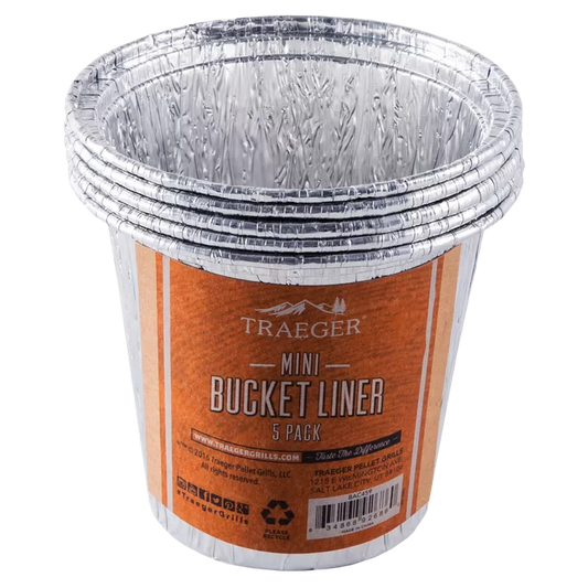 Traeger mini grease bucket liner, 5-pack, BBQ accessory from BBQ and Fireplace Centre, shown in front of packaging.