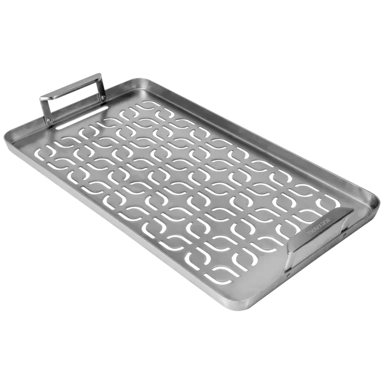Stainless steel Traeger ModiFIRE fish and veggie grill tray for BBQ, shown from a studio angle. Perfect for grilling seafood and vegetables.