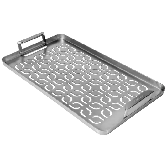 Stainless steel Traeger ModiFIRE fish and veggie grill tray for BBQ, shown from a studio angle. Perfect for grilling seafood and vegetables.
