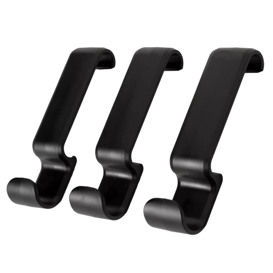 Set of three Traeger P.A.L. Pop-And-Lock accessory hooks for BBQ grills, made by BBQ and Fireplace Centre, shown from a studio angle.