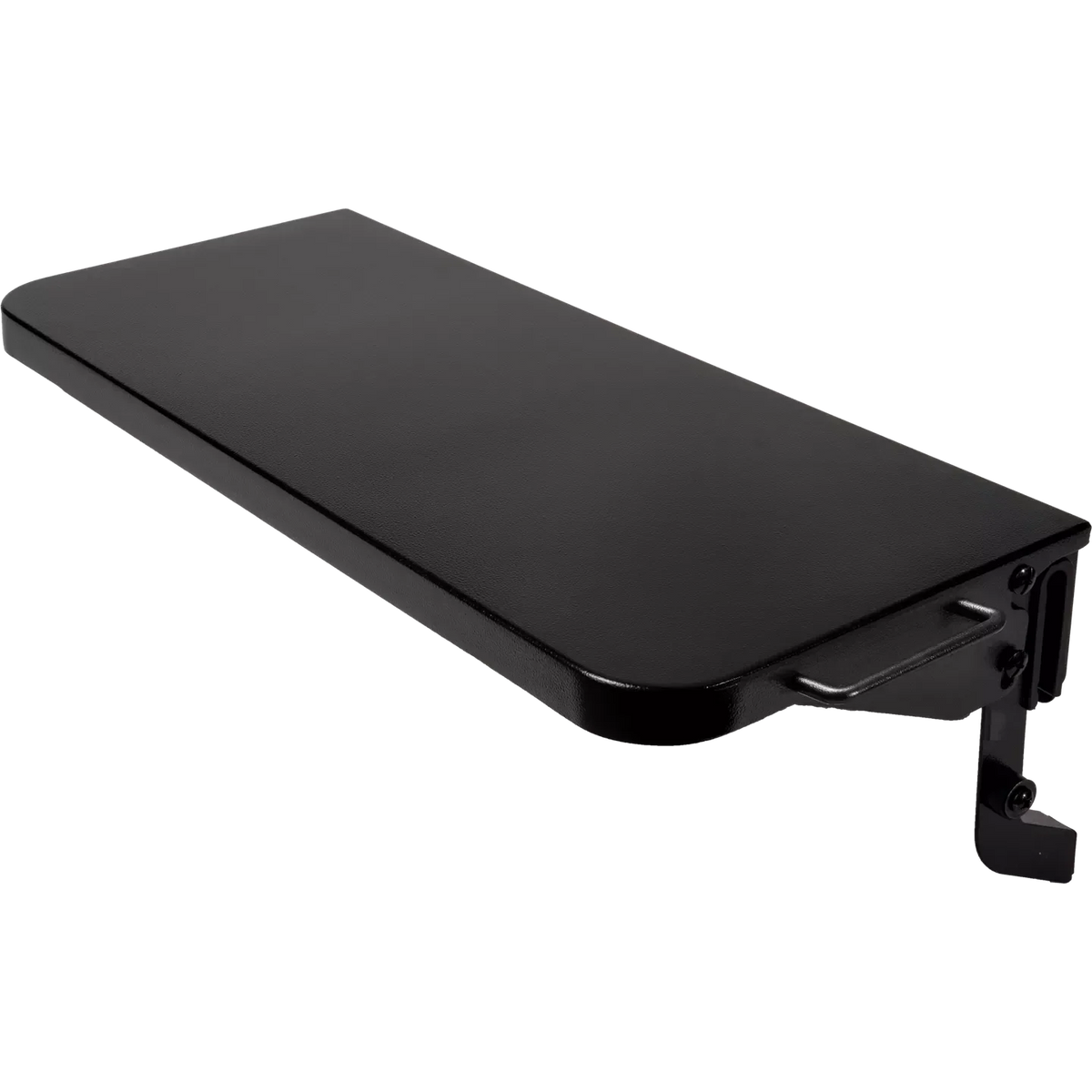 Traeger P.A.L. Pop-And-Lock front shelf attached to a barbecue grill, showing its sturdy metal construction and locking mechanism.
