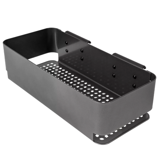 Traeger P.A.L. Pop-And-Lock storage bin for BBQ accessories, durable plastic container with secure locking lid, in a studio angle.