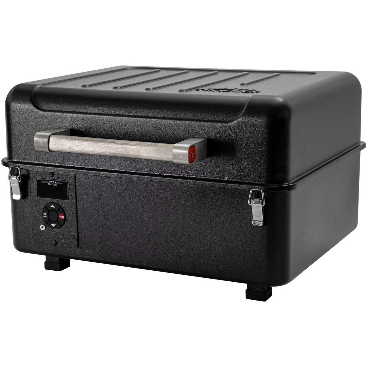 Traeger RANGER pellet BBQ grill with stainless steel lid, side shelf, and digital control panel for outdoor grilling.
