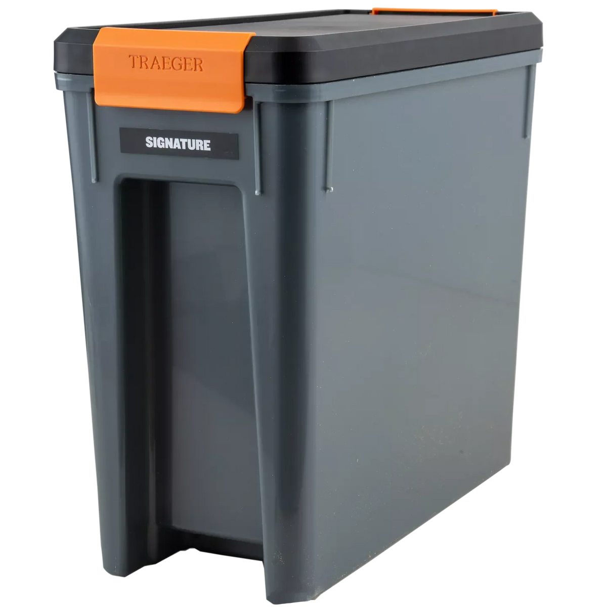 Traeger StayDry Pellet Bin with lid, outdoor BBQ accessory for storing and keeping wood pellets dry and organized.
