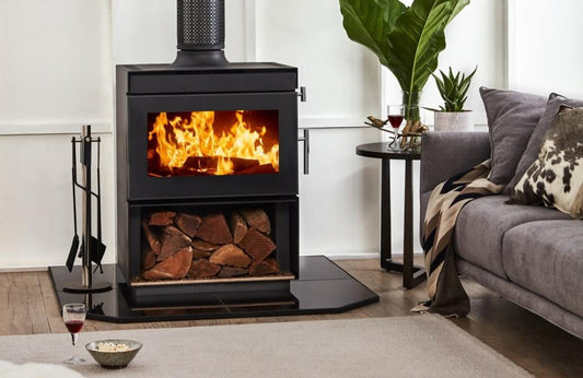 Kent Calisto Small wood fireplace with 3-speed fan, freestanding design and traditional brick interior.