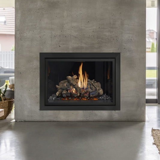 Lopi 864 CF 40K GS2 gas fireplace with modern design and glass front in a cozy living room setting.