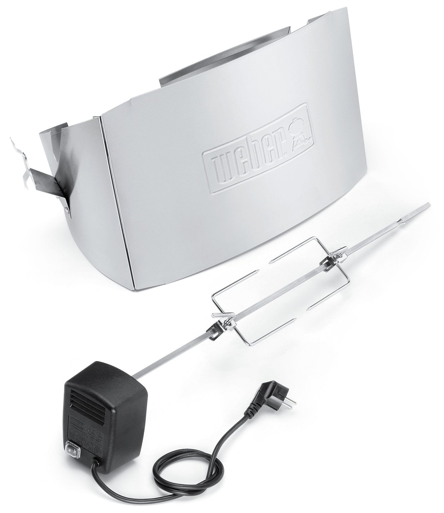 Weber Family Q Classic rotisserie with stainless steel components and compact design, perfect for outdoor grilling and roasting.