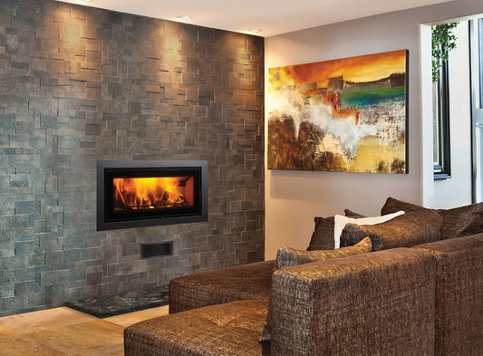 Regency Montrose L850B wood fireplace with black finish and ZC box, featuring a modern design and visible fire grate.
