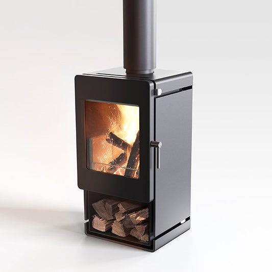 Blaze B400 Woodstacker portrait fireplace insert showing a sleek black wood-burning fireplace with glass front and modern design.