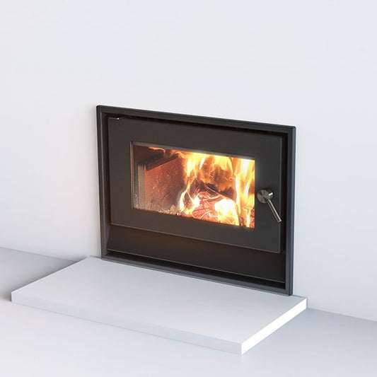 Blaze B520 wood fireplace with built-in remote control, showing a modern fireplace design with a glass front and realistic flame display.