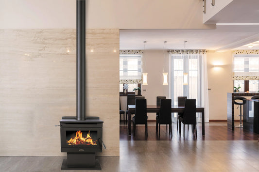 Blaze 800 F/S wood fireplace installed in a living room setting, showcasing the modern design and clean burning features.