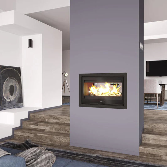 Lacunza Nickel 800 Inbuilt Double-Sided Wood Fireplace showing a modern fireplace with glass doors and nickel finish.
