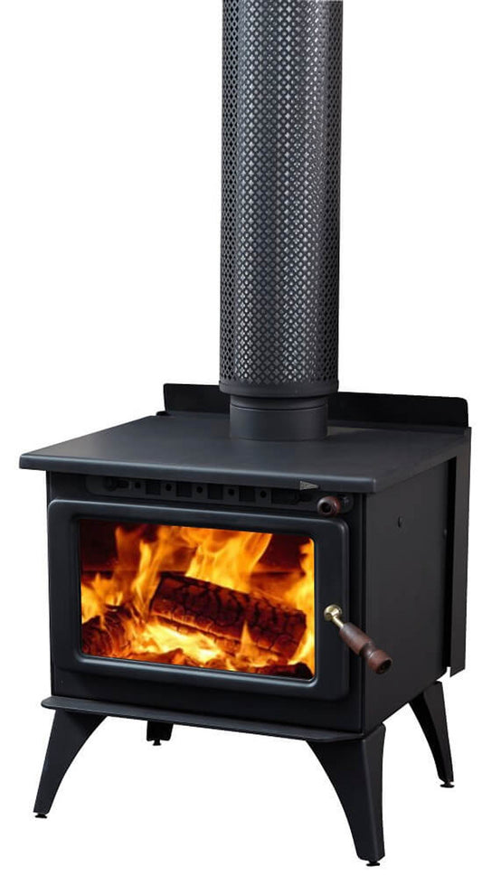 Maxiheat PRIME 150 metallic black wood fireplace with sleek design and metal finish, suitable for home heating.