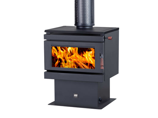Maxiheat PRIME 200C wood fireplace in metallic black with glass door and modern design.