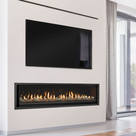 Lopi ProBuilder 72 GS2 gas fireplace with modern linear design, installed in a stylish living room setting.